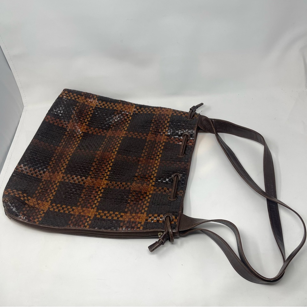 Vintage CEM Woven Leather Shoulder Bag | Brown Check | Boho Artisan Tote - Picture 3 of 13
